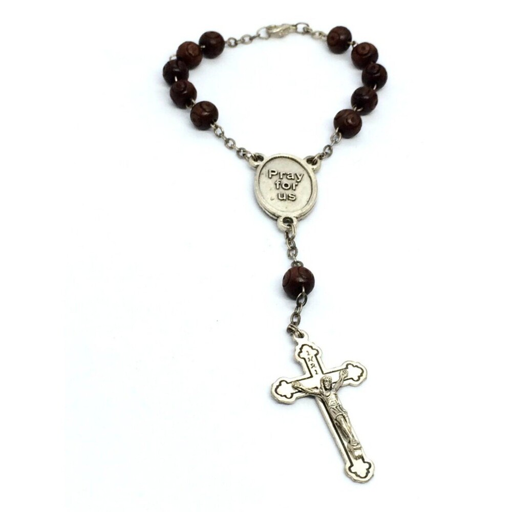 Vintage Rosary Bracelet Wood Bead Italy Cross Medal Catholic Prayer